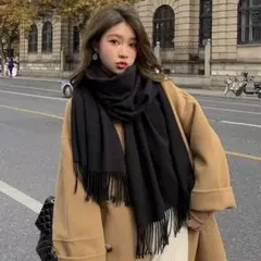 極暖 ブラック カシミヤ混 大判マフラー ストール バージンウール 黒