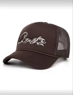 ブラウン メッシュキャップ 刺繍ロゴ トラッカーキャップ