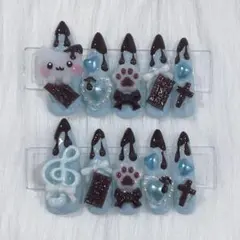 現品　ネイルチップ　量産型　チョコミント　リボン　ねこ　ハート