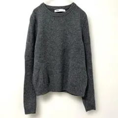 ◉ZARA 　クルーネックニット　ダークグレー　無地　長袖　ウール100％