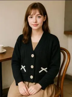 黒×白リボン カーディガン M 新品未使用 ガーリー 可愛い 秋冬 ニット