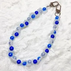 スマホストラップ スマホホルダー ビーズ パール ブルー