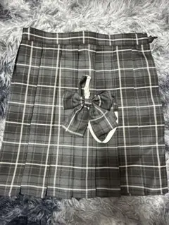 グレー系チェック プリーツスカート リボン付き