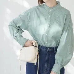 【タグ付未使用】ROPÉ PICNIC フリルバンドカラーシャツ グリーン