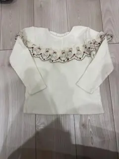 ホワイト 長袖カットソー フリル付き クマ刺繍