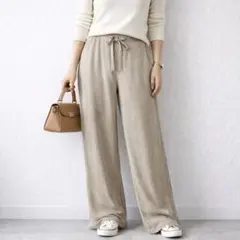 ユニクロ［M］大人カジュアル◎なめらかタッチ◎リラックス◎リブ編みワイドパンツ