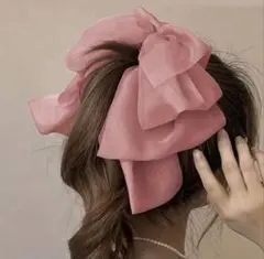 ひまわり様専用バナナヘアクリップ シフォンビッグリボン ヘアアクセサリー ピンク