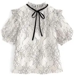 【未使用】GRL　リボンタイ配色レースブラウス　Mサイズ　オフ白　カットソー