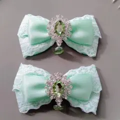 リボン ヘアクリップ 左右2個セット 量産型 地雷系 ミント パステルグリーン