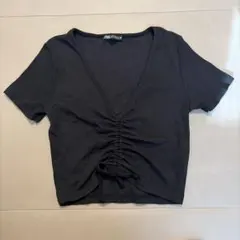 ZARA ブラック 半袖Vネック クロップドトップス Lサイズ