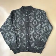 【美品】総柄 ニットカーディガン ウール風 厚手 ボタン留め ヴィンテージ風