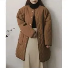 ブラウン キルティングジャケット ロング丈