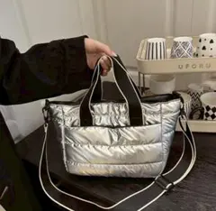 キルティングバック 斜め掛け シルバー 2way 軽量 外ポケット付 トート