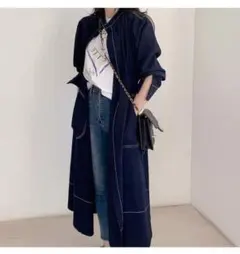 2way ロングワンピース シャツワンピース 厚手 体型カバー ネイビー