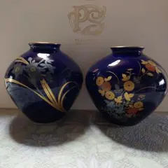 香蘭社　瑠璃地 花瓶 2点セットのサムネイル