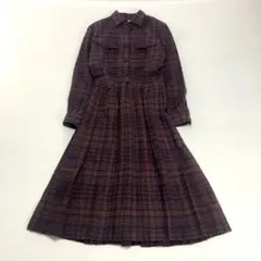 昭和レトロチェック柄長袖ロングワンピース厚手 Aラインウール混9号パープル古着