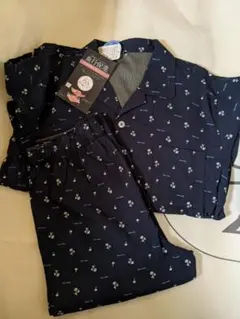 楊柳 血行促進機能付き ヤシ柄 半袖 パンツ7分丈 パジャマ 紺系 サイズМ