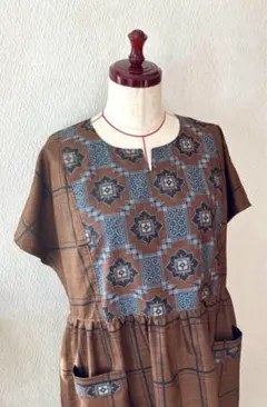 着物リメイク　ゆったりめジャンパースカート　大島紬　未使用着物　ワンピース