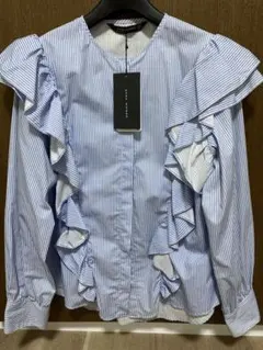 ZARAWOMAN フリル付き青白ストライプ長袖シャツ・新品未使用品