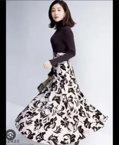 GRL tu460 サイズS フレアロングスカート 白黒花柄