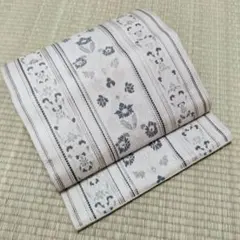 博多織八寸名古屋帯 正絹 薄グレー 更紗系花柄 ワケアリ 反物【未仕立】