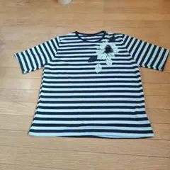 昭和レトロボーダー 半袖Tシャツ 立体フラワーモチーフ
