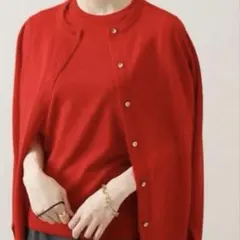イエナ　クルーネックアンサンブル　金ボタン　カーディガン　半袖　ウール　 赤