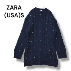 ザラ　ニット　セーター　ネイビー　ビーズ　Ｍ相当　ケーブル編み　長袖　⚫︎