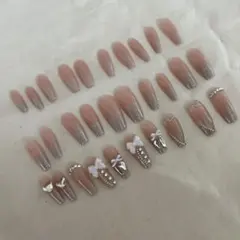 ネイルチップ　付け爪　30個　SHEIN ピンク　ハート　リボン　ストーン