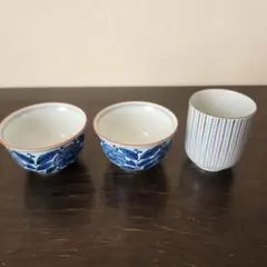 たち吉　湯飲み 3個セット 青花模様とストライプ