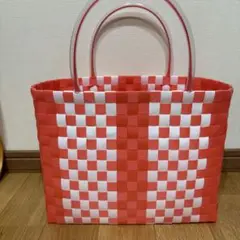 ppバンドプラカゴ 赤と白のチェック柄かごバッグ