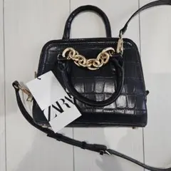 【新品】ZARA クロコ型押し ブラックショルダーバッグ