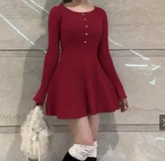 タグ付き GRL ハートビジューニットフレアミニワンピース tu1262 レッド