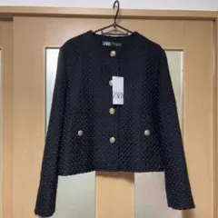 ZARAザラゴールドボタンノーカラージャケットブラックL