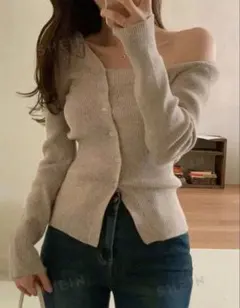 SHEIN DAZY ♡ 無地柄 ボタンスルー リブニットカーディガン