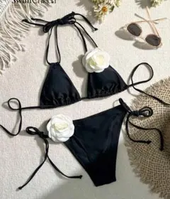 SwimChicca 3Dフラワー ビキニ セパレート水着 ブラック セクシー