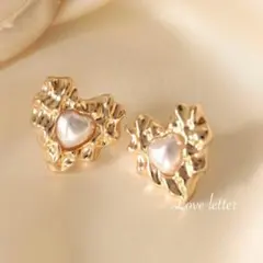 No.538 アンティークゴールドハートパールピアス 韓国 量産型 地雷