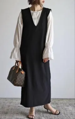 【新品】(V)Bonjour Sagan Vネックロングジャンスカ/ポケット付き