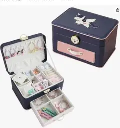 アクセサリーケース ジュエリーボックス ネイビー ピンク 鍵付き ミラー付き