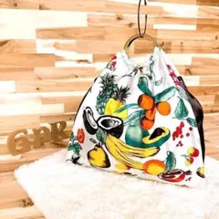 【マニプリ】果物フルーツ プリント総柄 スカーフ トートバッグ カラフル 白×茶のサムネイル