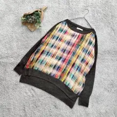 B2100【K*】異素材/ドッキングカラフルチェック柄長袖トップス（M）ニット