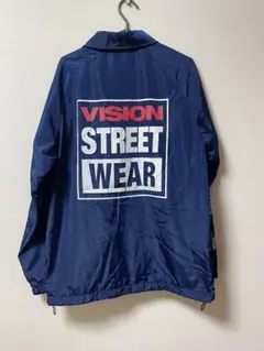 VISION STREET WEAR コーチジャケット L ビッグロゴ紺　袖プリ