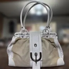 TOD'Sトッズ白革、ベージュキャンバス　シルバー色金具 ハンドバッグ