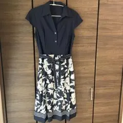 ネイビー 半袖 ワンピース ドッキングワンピース 花柄 M 9号