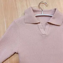 ピンク リブニット 半袖　カットソー　　Tシャツ　 カーディガン