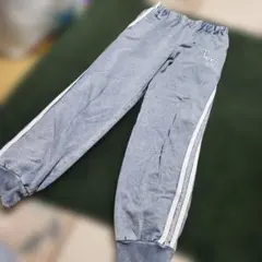 青 ストライプ イージーパンツ L W刺繍