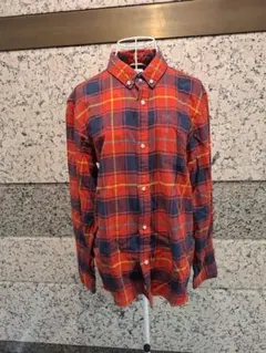 coenオレンジ ネイビー チェック柄 長袖ネルシャツ