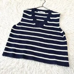 ザラ　ニットベスト　(USA-S)　紺　白　ストライプ　カジュアル　大人女子