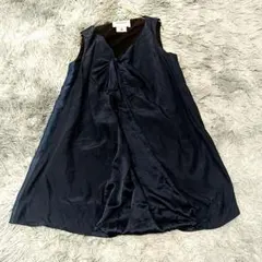 ​高級シルク100%【AMBALI】フランス製 リボンデザインワンピース 紺 M