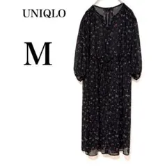 ユニクロ ブラック 花柄 ロングシフォンワンピース フェミニン リゾート M